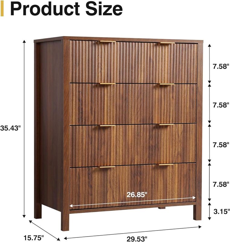 Armário de gaveta para quarto, Peito de gavetas com painel canelado Waveform, Grande armazenamento de madeira, Organizador do armário