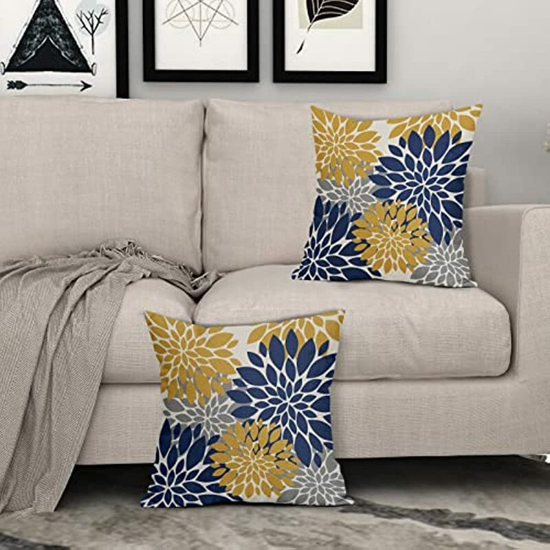 Sarung Bantal Dahlia Sarung Bantal Dekoratif Luar Ruangan Bunga Kuning Biru Navy Sarung Bantal Bunga Geometri Modern Musim Panas Set Isi 2