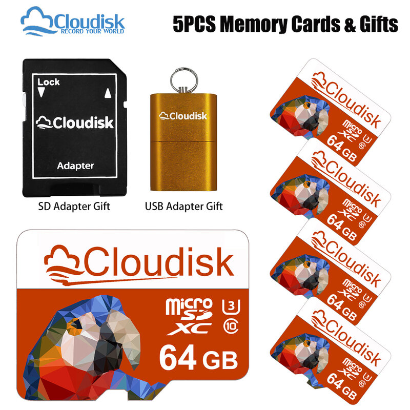 Clouddisk การ์ดความจำไมโคร SD 5ชิ้น, 32GB 64GB 128GB U3การ์ด TF 16GB 8GB 4GB 2GB 1GB A1 C10พร้อมอะแดปเตอร์ SD 2.0 USB ของขวัญฟรี