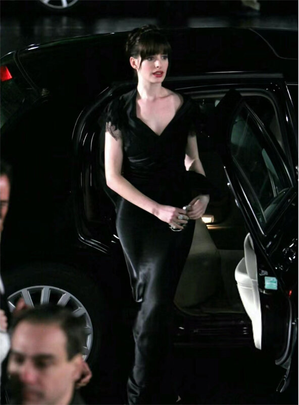 Anne Hathaway 매칭 리틀 블랙 원피스, 심플한 레이스 반팔, 격식 있는 날, 저녁 원피스 바닥 길이 맞춤 천 세미정장