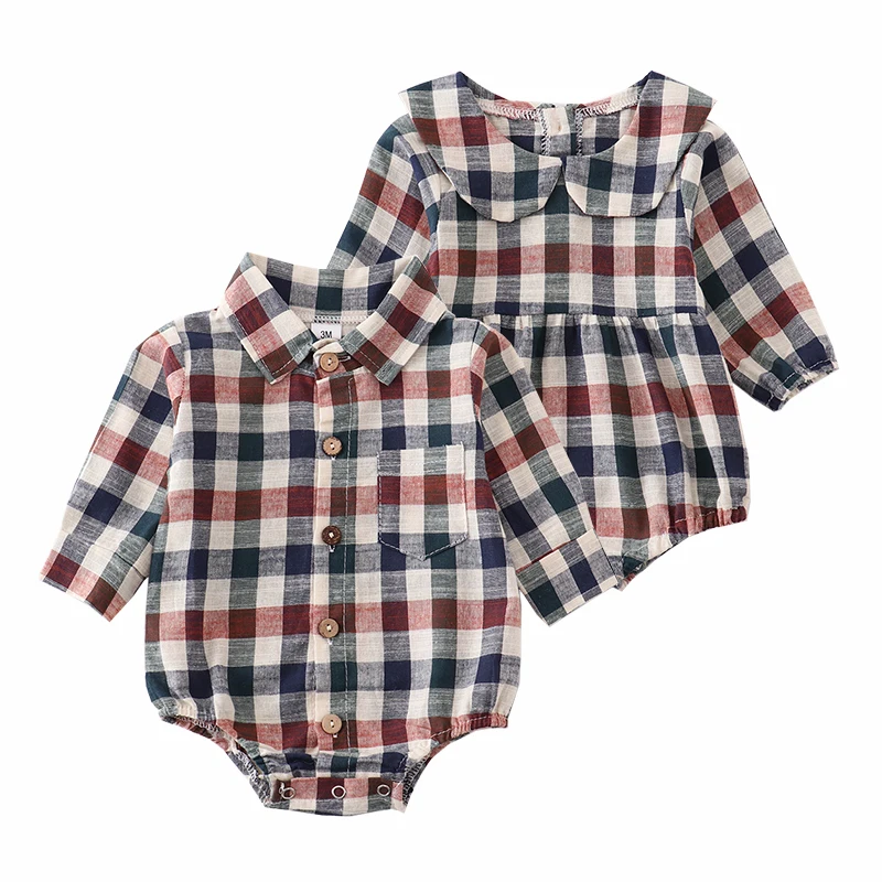 2024 odzież dla noworodków niemowlę dziewczynki w kratę pajacyki dla chłopców bawełniane kombinezony jesienne z długim rękawem stroje Unisex ubrania