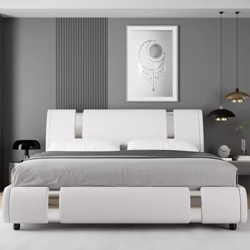 Moderner gepolsterter Plattform bett rahmen aus Kunstleder mit Eisen metall dekor, verstellbarem gebogenem Kopfteil, Betten