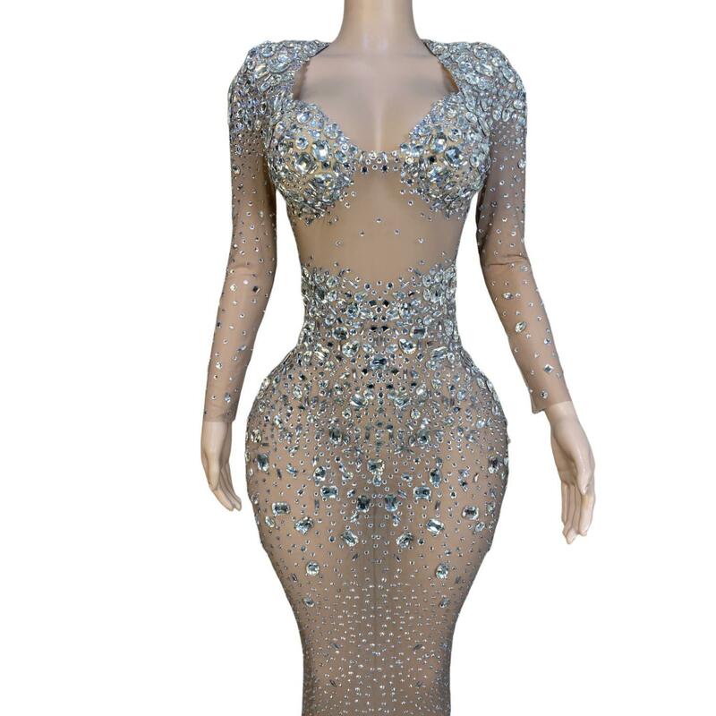 シルバークリスタルの豪華な人魚のスタイルのドレス,豪華なドレス,派手な,フォーマルパーティー,ファンクシングファッション,2021