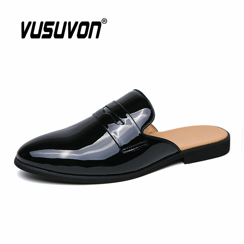 Italian Design Men Slippers Patent Leather Loafers Moccasins Outdoor Non-slip Black Casual Slides Summer Spring Fashion Shoes