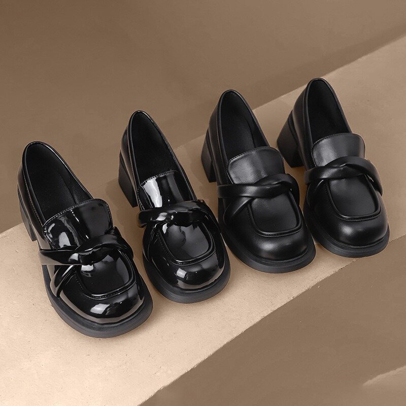 2024 Black British Style Retro Thick Heel Mary Jane Women's Shoes Designer New Slip-on Soft Sole Casual Leather Woman High Heels
