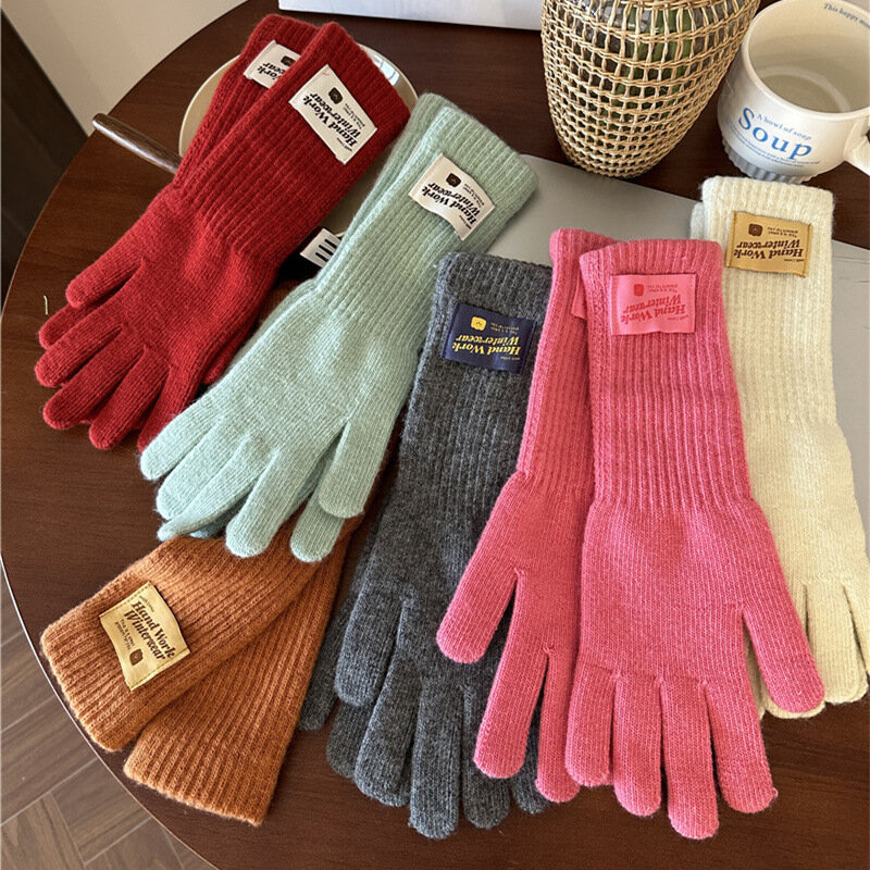 Warme Handschoenen Voor Vrouwen Koreaanse Aanrakingshandschoenen Vingergaten Mode Effen Kleur Gebreide Handschoenen Winter Werkhandschoenen Wanten