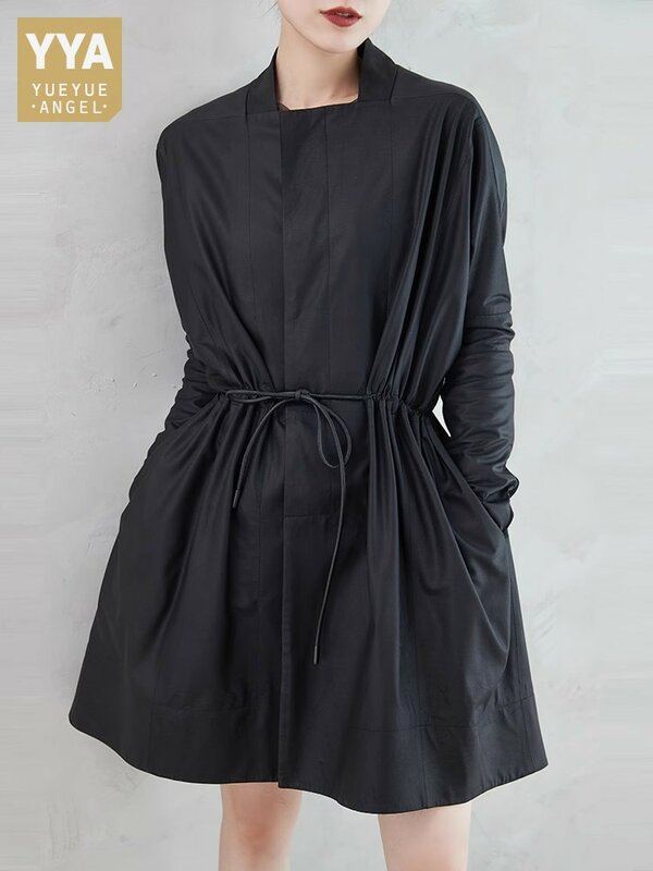 女性黒の本革の高級ラムスキンルーズミッドロングコート巾着スプライスニット袖デザインウインドブレーカー生き抜く