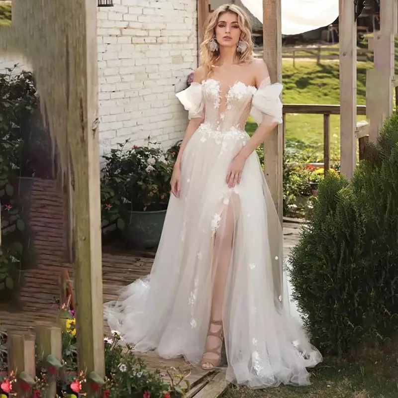 Seksowna elegancka suknie ślubne Boho 2024 z odkrytymi ramionami, z wysokim rozciętym suknie panny młodej Vestido De Novia Robe De Mariee