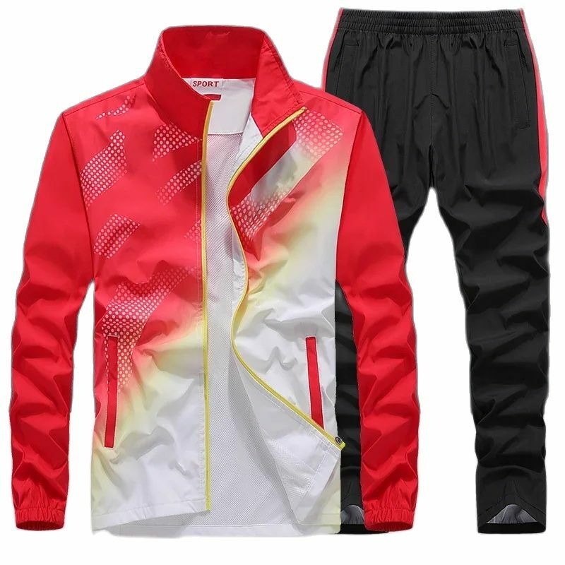 Pakaian olahraga pria, baju olahraga Set 2 potong jaket motif mode + celana musim semi musim gugur