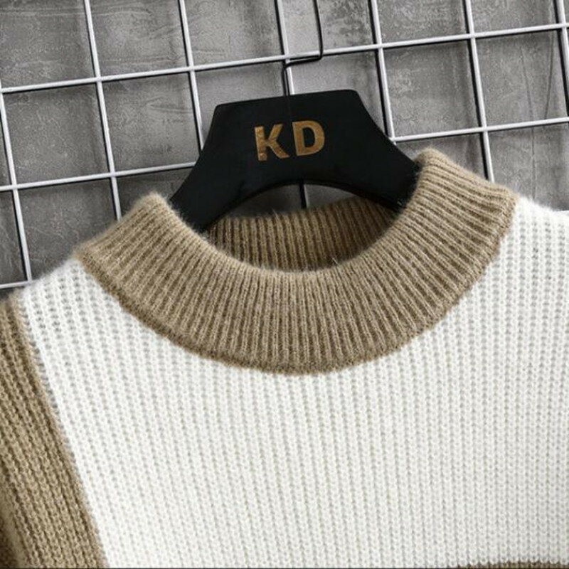 Markowa odzież ciepłe, jesienne zimowe swetry męskie patchworkowy w stylu Casual kolor dzianinowe swetry męska krata sweter z okrągłym dekoltem mężczyzna 4XL-M