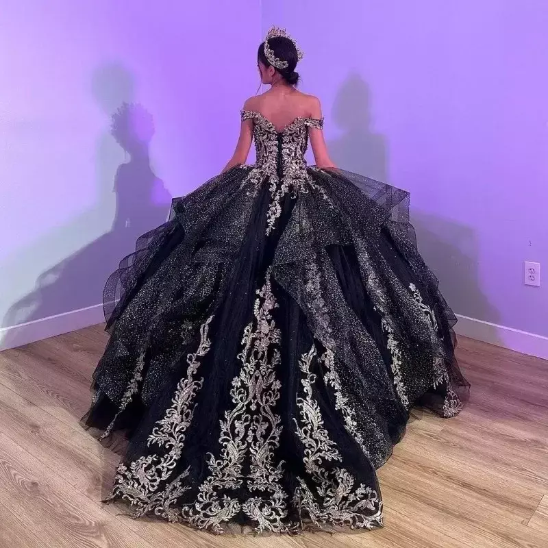 Black Sequin Corset Quinceanera Dresses Ball Gown 2024 Lace Appliqued Long Princess Sweet 16 Dresses Wedding Gown