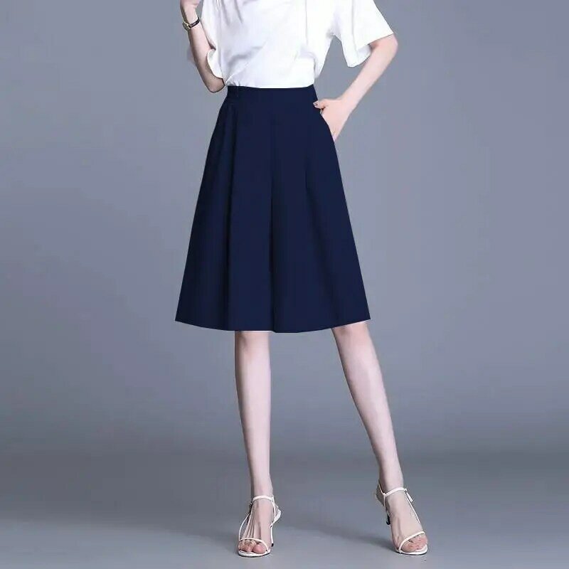 Estate moda coreana nuovi pantaloni larghi gonna donna solido elastico a vita alta Patchwork tasca Versatile Casual pantaloni a gamba larga