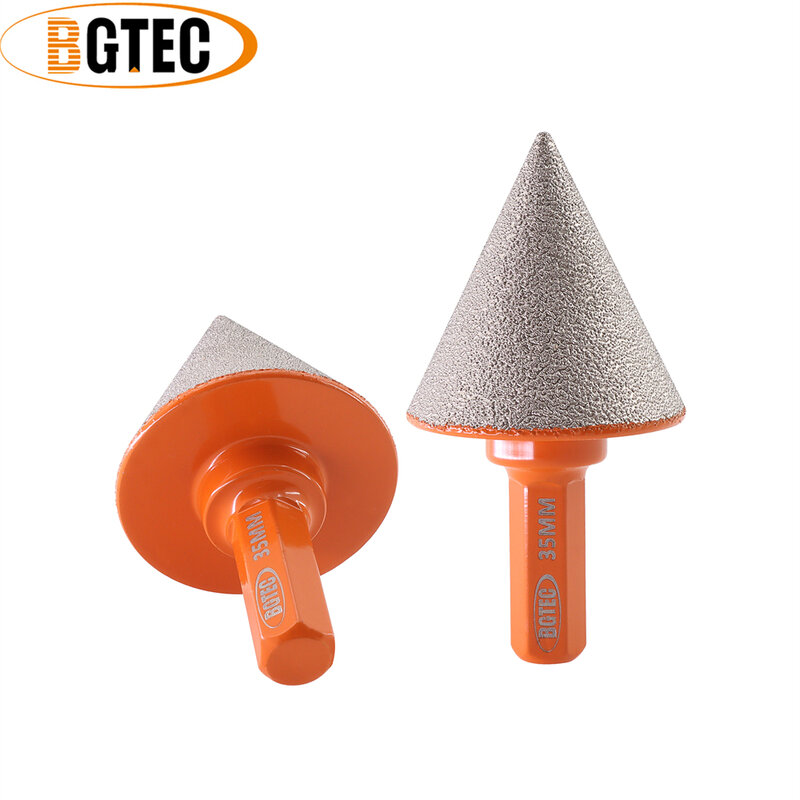BGTEC 2pcs Dia35mm Diamond Chamfer Bits Hex Shank Milling Granite Marble Quartz Countertop Finger Bits Hand Drill Abrasive Taper