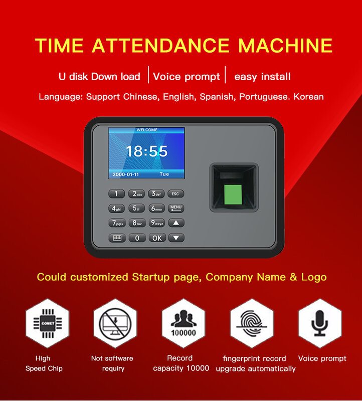2.4 Inci Layar TFT Gratis Drive Biometrik Sidik Jari Waktu Kehadiran Mesin Perekam Jam Perangkat Perekaman Pengenalan Karyawan