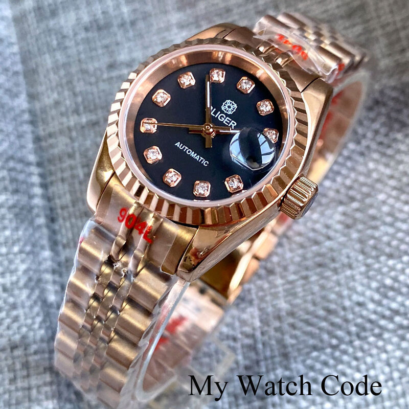 NH05 Movt розовое золото женские Автоматические часы 26 мм стальной чехол сапфир Cyclop рифленый ободок ручной работы бизнес девушка наручные часы