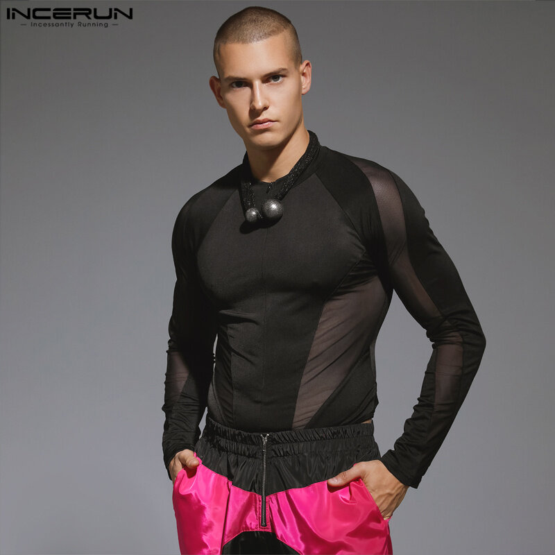 Sexy Casual Style Jumpsuits INCERUN New Mens Zipper Design Patchwork Mesh Bodysuits Leisure Male Long Sleeved Rompers S-3XL 2023