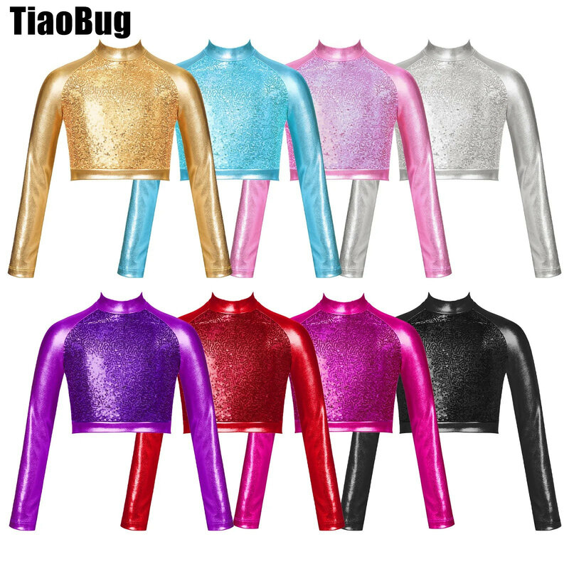 Kids Girls Shiny Metallic Dance Top Mock Neck Long Sleeve Front Sequin Fully Lined Dance Crop Tops for Stage Performance