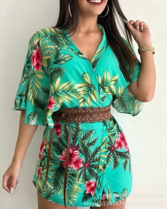 Abbigliamento estivo da donna per il tempo libero sport all'aria aperta viaggi a strati con stampa vegetale camicie e pantaloncini tasca Versatile Set hawaiano