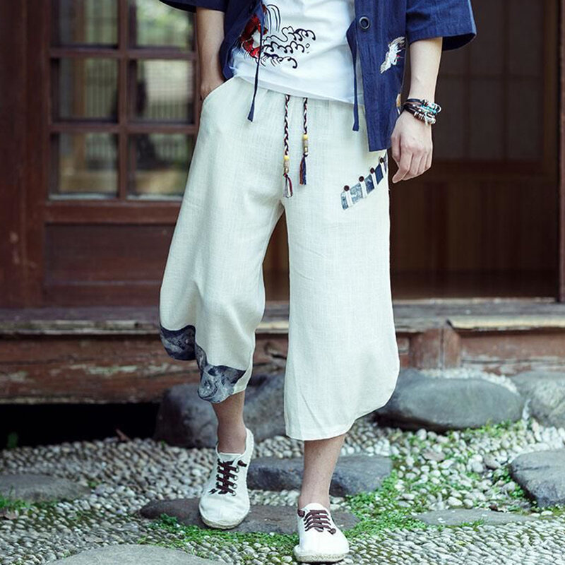 Summer Linen Chinese Style Men's Traditional National Totem Printing Silhouette Loose Bloomers Cropped Wide-leg Pants