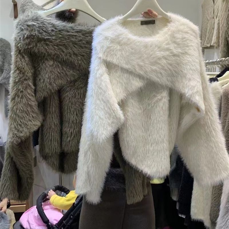 New Korea Women Camis Slim  Fuzzy Vintage Irregular Shawl Sweater Cross Design Spaghetti Strap Tank Tops Winter Two Piece Sets