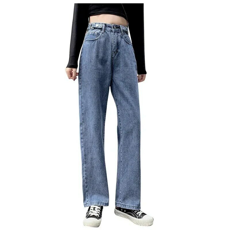 Calça jeans feminina reta casual de cintura alta, angustiada, moda, jeans clássico, calça feminina vintage, streetwear, popular, 2024