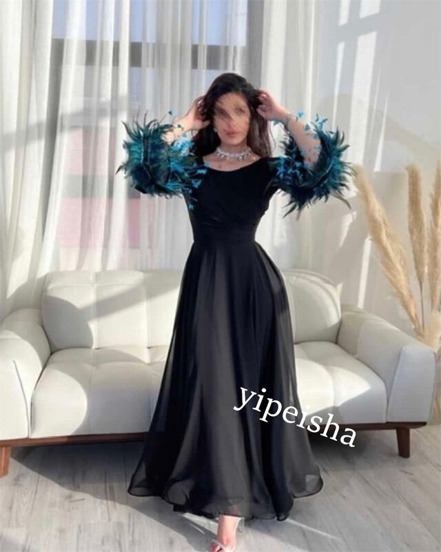 Prom Dress Evening    Jersey Feather Homecoming A-line O-Neck Bespoke Occasion Gown Midi es Saudi Arabia