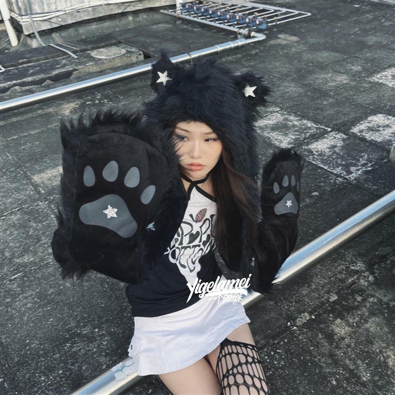 Japanese Genjuku Subculture Punk Warm Autumn Winter Furry Faux Fur Y2K Hooded Scarf Gloves Gothic Stars Black Hat Gloves sets
