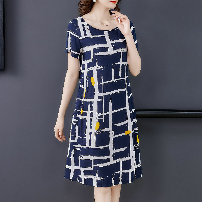 Fashion O-Neck Printing Folds Irregular Striped Short Sleeve Dress Women's Clothing 2024 Summer New Loose Commuter Midi Dress