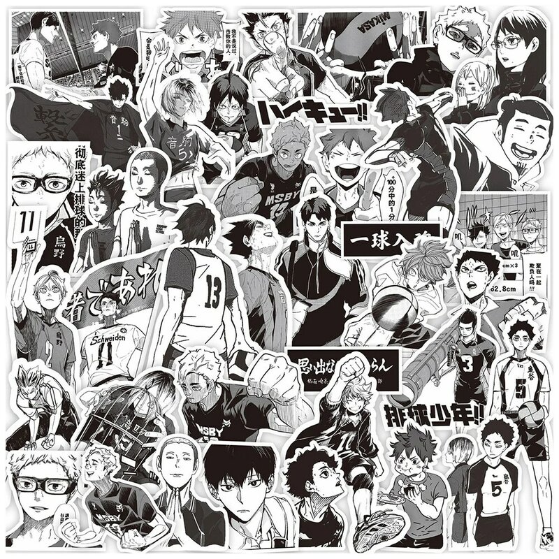 Haikyuu preto e branco, 10/30/65pcs impermeável Anime Graffiti adesivos, decalques, motocicleta, laptop, skate, telefone, carro
