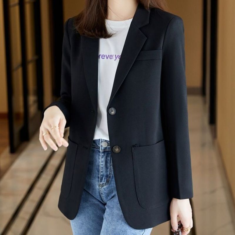 2023 Spring and Autumn Korean Edition Commuter Simple Loose Versatile Suit Collar Double Button Mid Length Solid Women's Suit