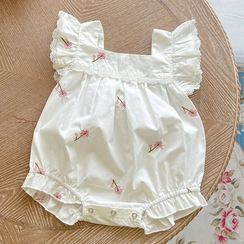 Jumpsuit bayi perempuan baru lahir, Jumpsuit Lengan terbang katun bunga bordir balita bayi perempuan pakaian musim panas
