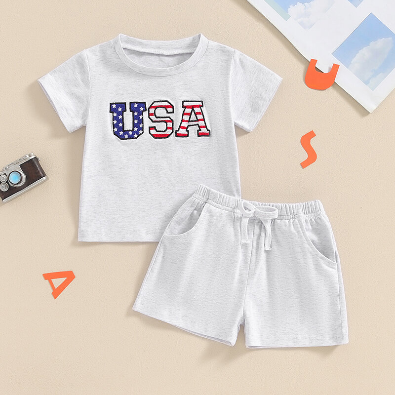 VISgogo Baby Boy 4th of July Outfit Letter Embroidery Short Sleeve Tops with Solid Color Elastic Waist Shorts for Summer