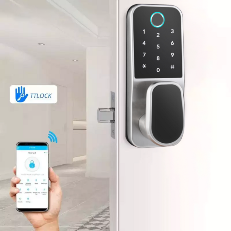 Electronic Smart Door Lock com TTLock App, controle de impressão digital, segurança do quarto, quarto de madeira, senha moderna