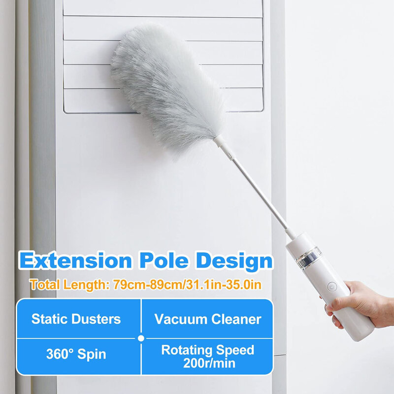 GOALONE Electric Feather Duster 360° Spin Electric Duster Rechargeable Duster Brush with Extension Pole Handheld Vacuum Cleaner
