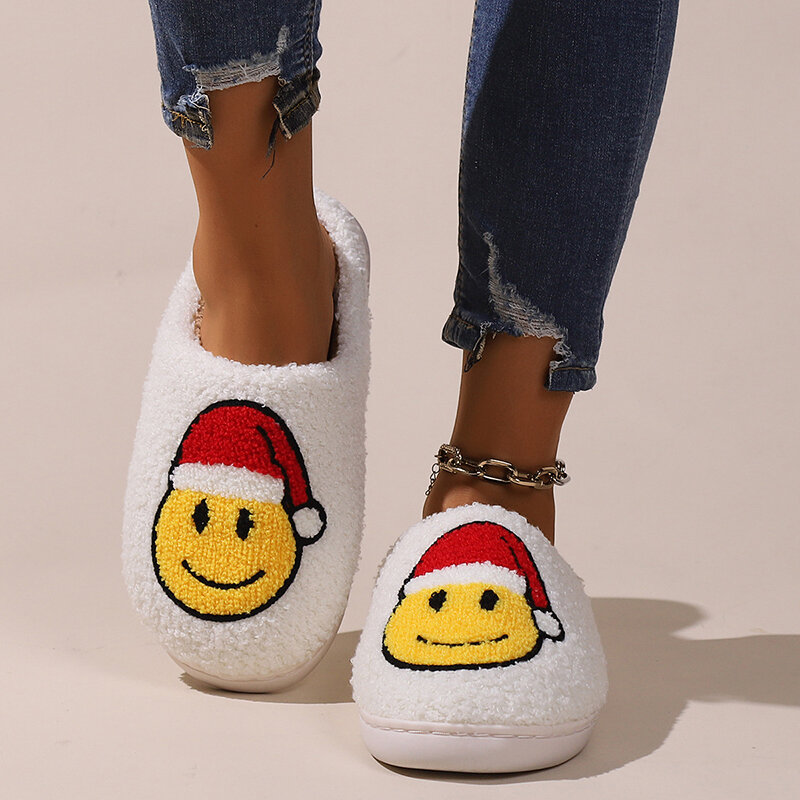 Couple Christmas Smile Cotton Slippers Women 2023 Winter Home Indoor Fluffy Fur Slides Woman Warm Plush Bedroom Cotton Shoes