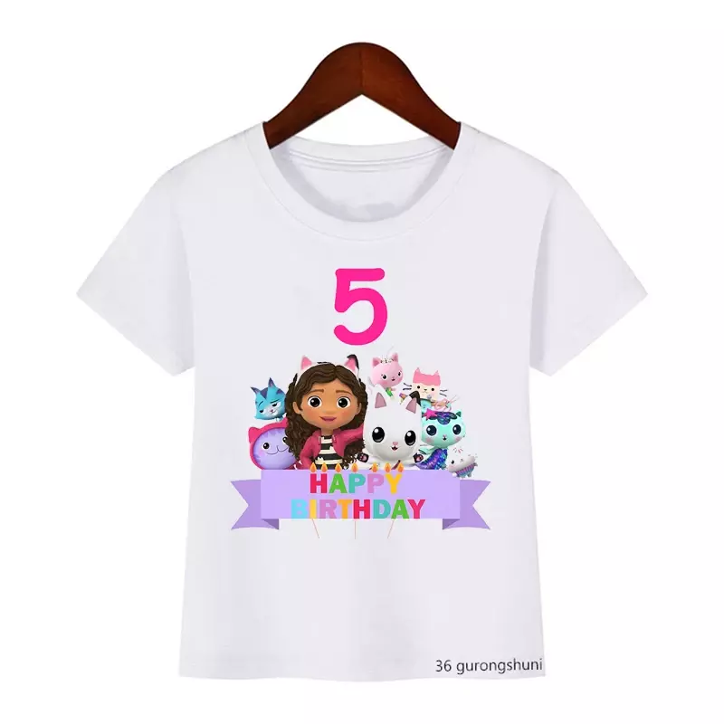 2024 Kawaii Gabbys domek dla lalek T-Shirt 2 3-10 Happy Brithday prezent T Shirt dla dzieci małe dziewczynki Unisex T Shirt dla dzieci