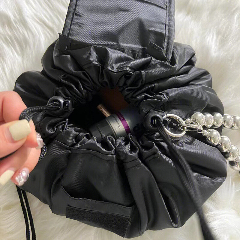 Lazy Drawstring Cosmetic Bag Portable Travel Storage Black Storage Bags for Women Design Pearl Make Up Case Handbag