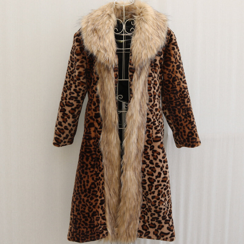 Mantel bulu macan tutul wanita, kardigan kerah bulu rubah palsu tebal musim dingin 2024, mantel panjang bulu halus hangat Hiver