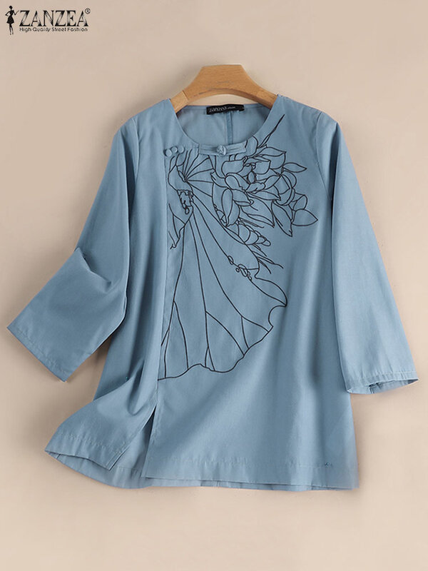ZANZEA-Camisa de manga larga para mujer, túnica bordada con cuello redondo, Tops informales con dobladillo dividido, Blusas elegantes para vacaciones de otoño