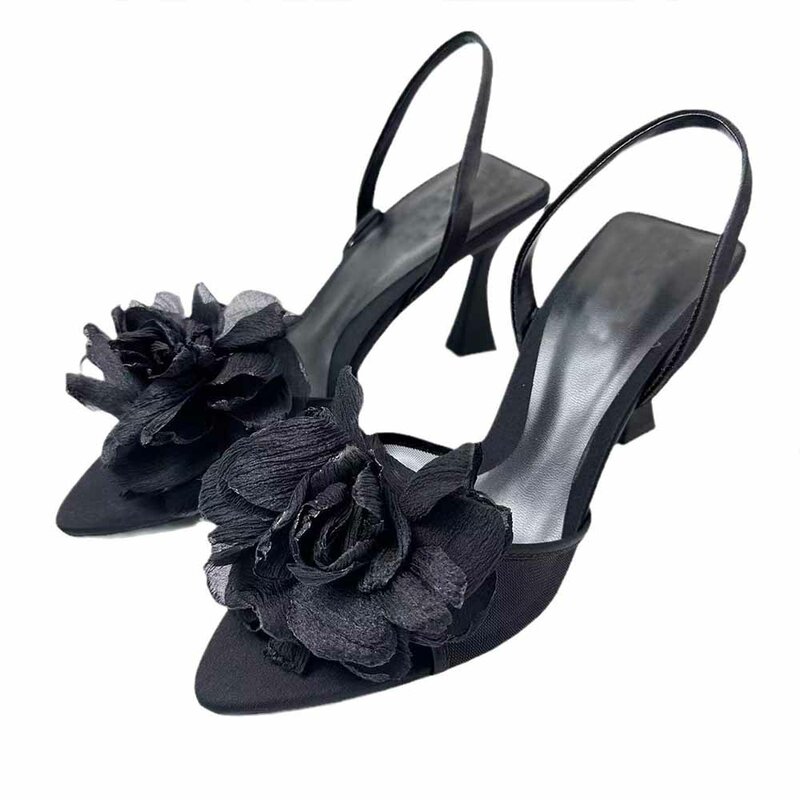 Zapatos de tacón alto para mujer, sandalias con flores negras, tela de red, novedad de 2024