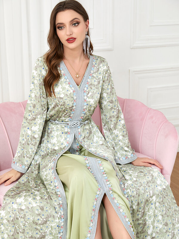 Floral Print Traditional Algerian Caftan Belted Arabic Dress Sleeveless Inner + Side and Front Split Outer Islam Muslim Women
