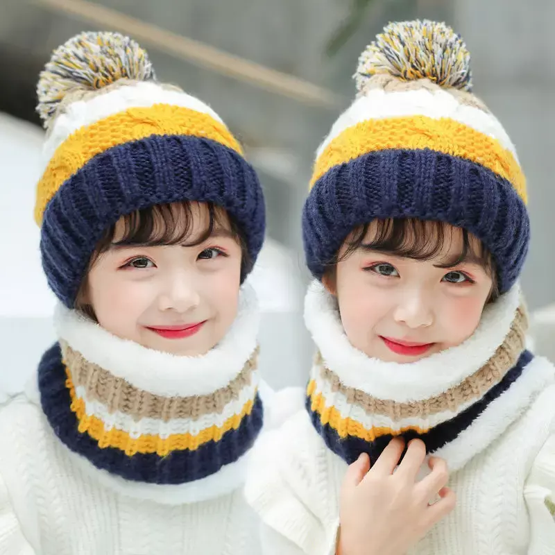 Winter Knitted Wool Ball Beanies for Children Cute Sweet Plus Velvet Thick Hat Scarf Set Korean Version Warm Boys Girls Caps