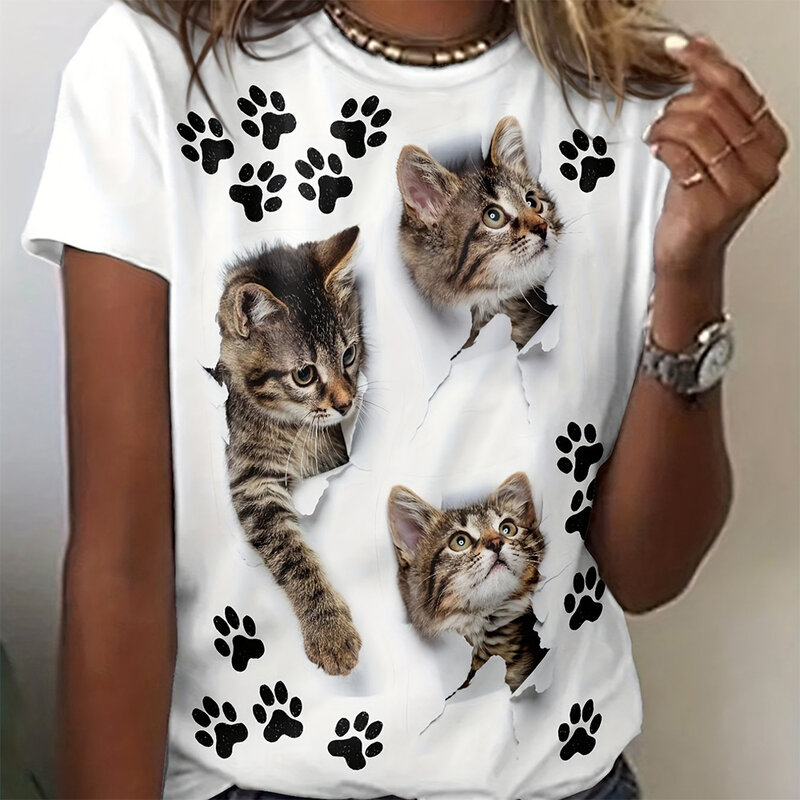 T-shirt feminina estampada gato, parte superior com gola redonda, manga curta solta, roupas fofas para festa, moda, verão, 2024
