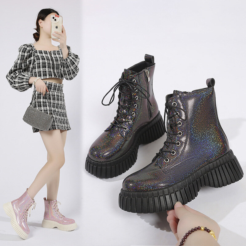 Botas de tornozelo feminino, fundo grosso, cordões, botas de cavaleiro, sapatos de plataforma, estilo britânico, moda, 2023