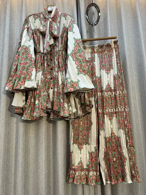 Stampa set di due pezzi Vintage per donna colletto con fiocco manica lunga camicie larghe donna pantaloni a gamba larga a vita alta abbigliamento estivo