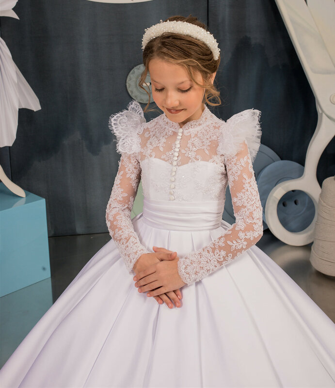 Gaun anak perempuan lengan panjang putih gading bunga gaun pengiring pengantin anak-anak tamu pernikahan Komuni Pertama renda Satin