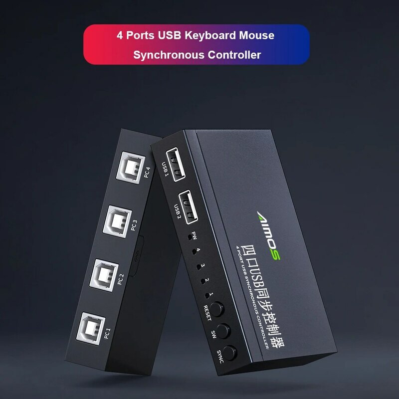 Aimos 4พอร์ต USB Synchronizer แป้นพิมพ์ยูเอสบีเมาส์ซิงโครนัสคอนโทรลเลอร์อะลูมินัมอัลลอย KVM Switcher กว้าง