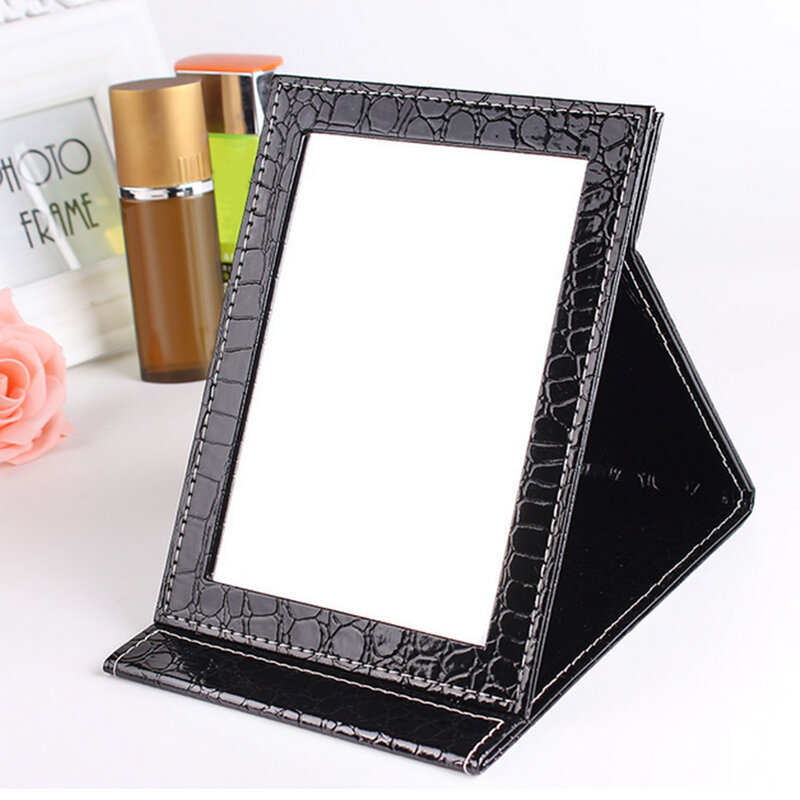 Espejo de maquillaje plegable de cuero PU portátil con soporte para maquillaje, espejos, herramientas cosméticas