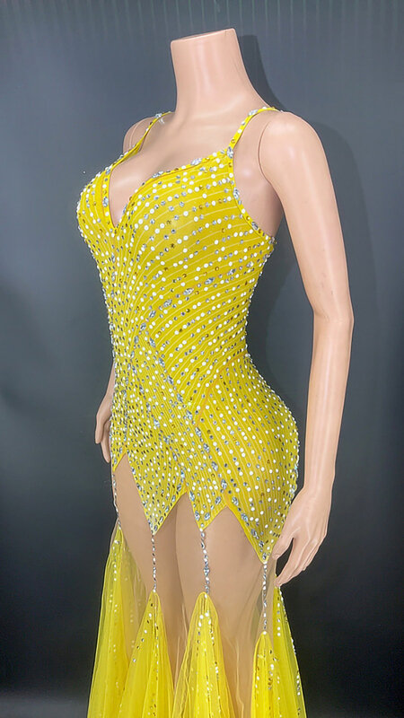 Personalizzato Sexy pizzo senza maniche trasparente diamante paillettes acqua diamante avvolgere Hip Dress abito lungo Performance Dress PartyDress