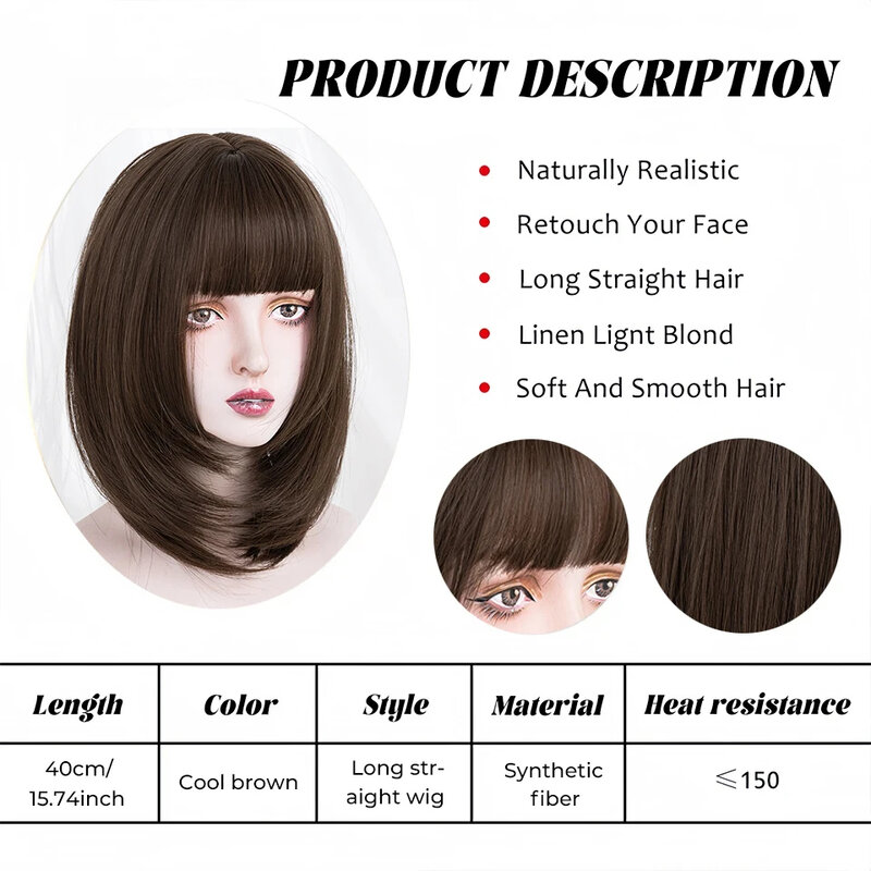 YELOWTIM peluca recta marrón oscuro para mujer, cabello sintético con flequillo, resistente al calor, fiesta, uso diario Natural